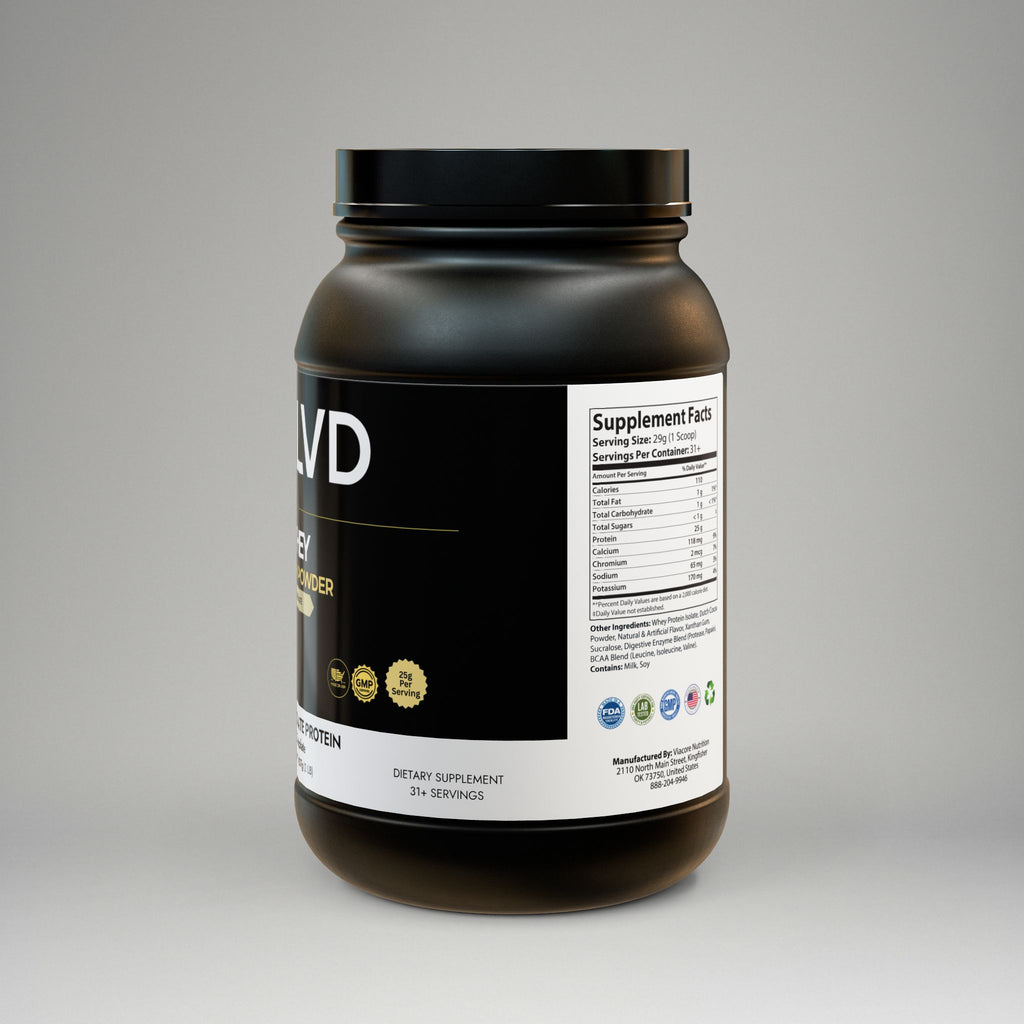 Black supplement container with visible branding on a gray background