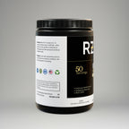 Black supplement container with white label on a gray background