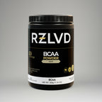 RZLVD BCAA powder container on a gray background
