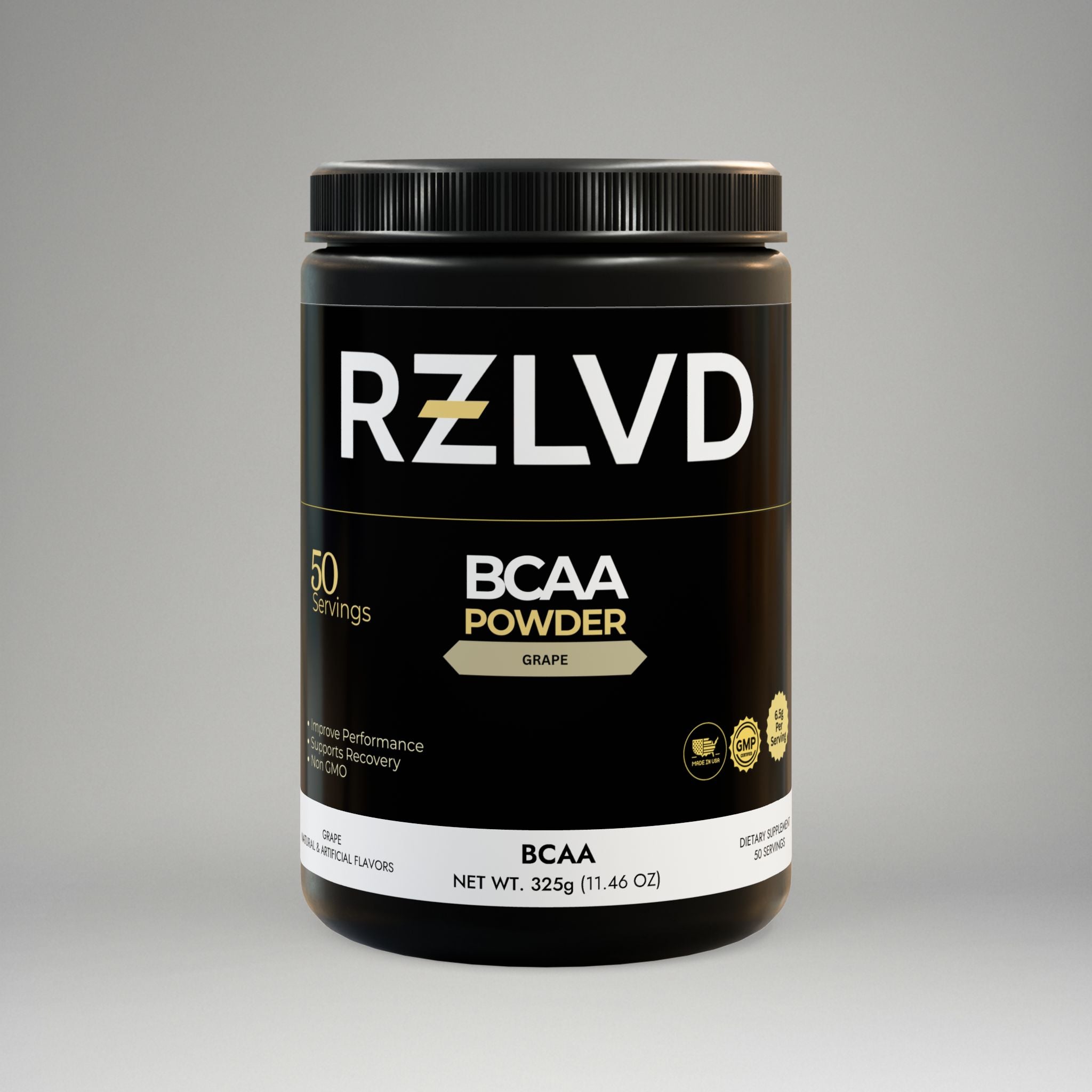 RZLVD BCAA powder container on a gray background