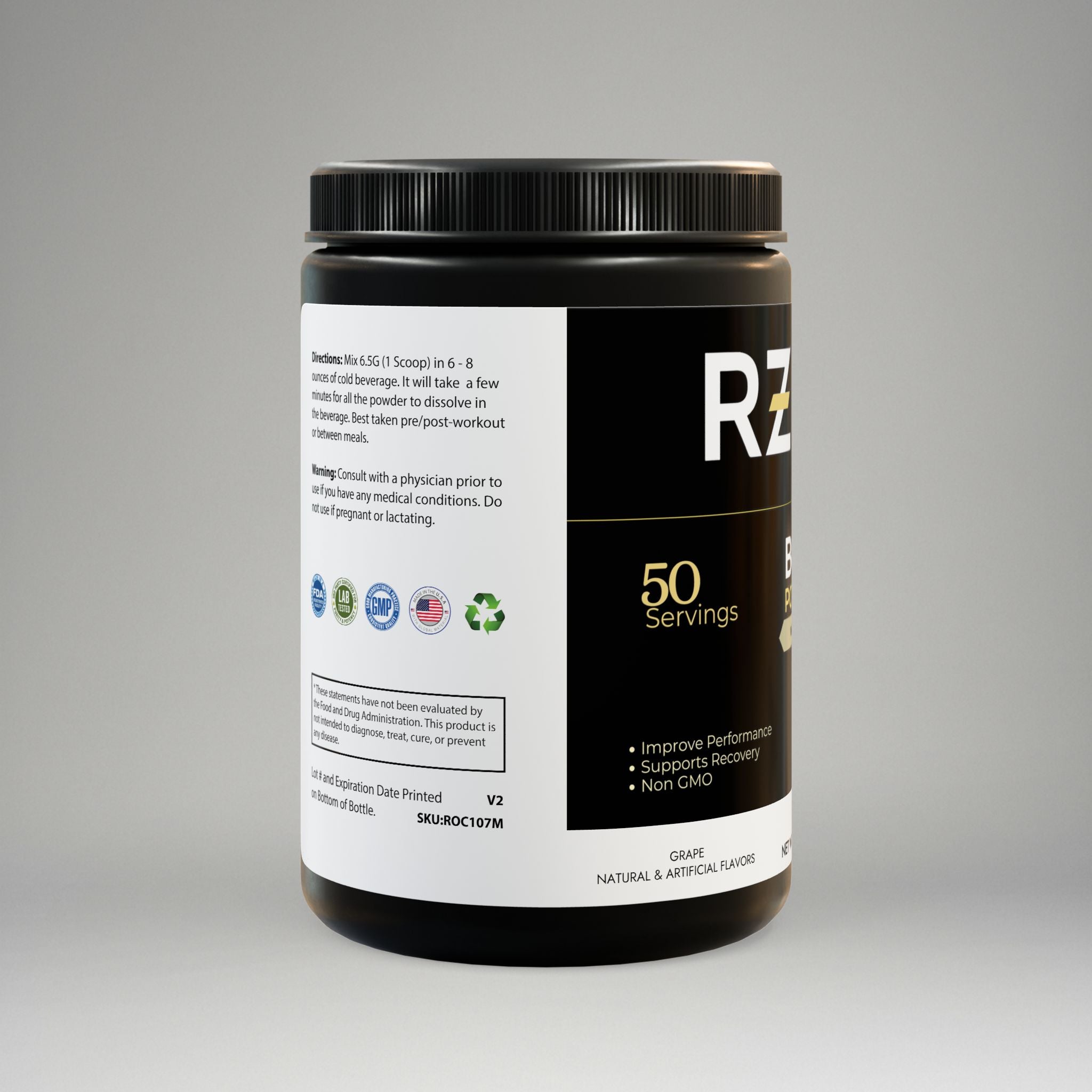 Black supplement container with white label on a gray background