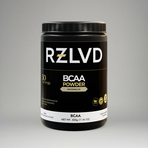 RZLVD BCAA powder container on a gray background
