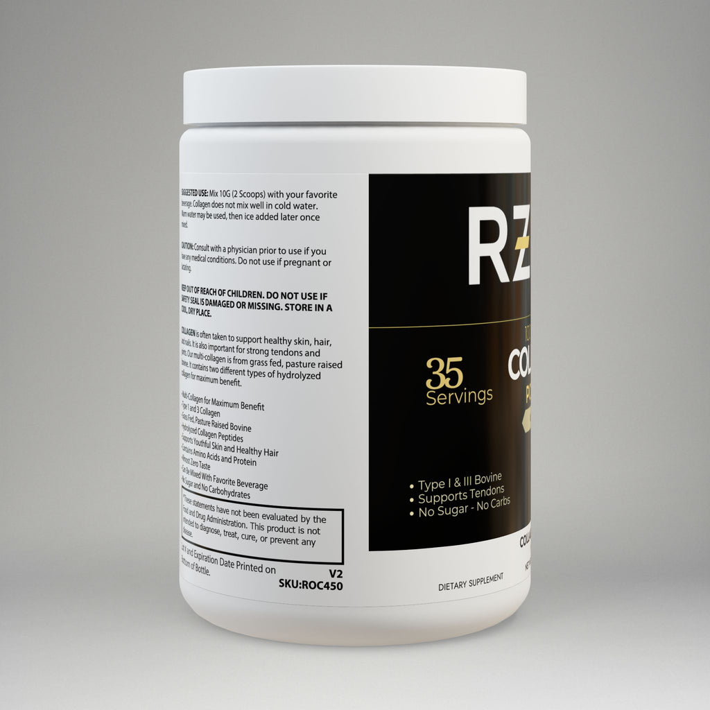 Supplement container with 'RZ' branding on a gray background