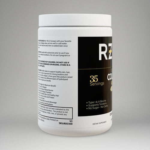 Supplement container with 'RZ' branding on a gray background