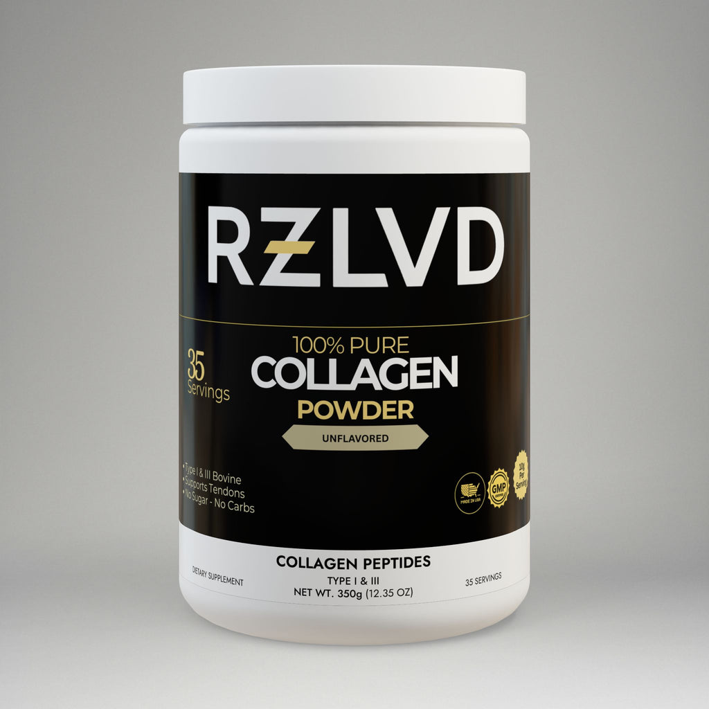 RZLVD collagen powder container on a gray background