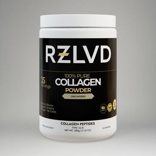 RZLVD collagen powder container on a gray background