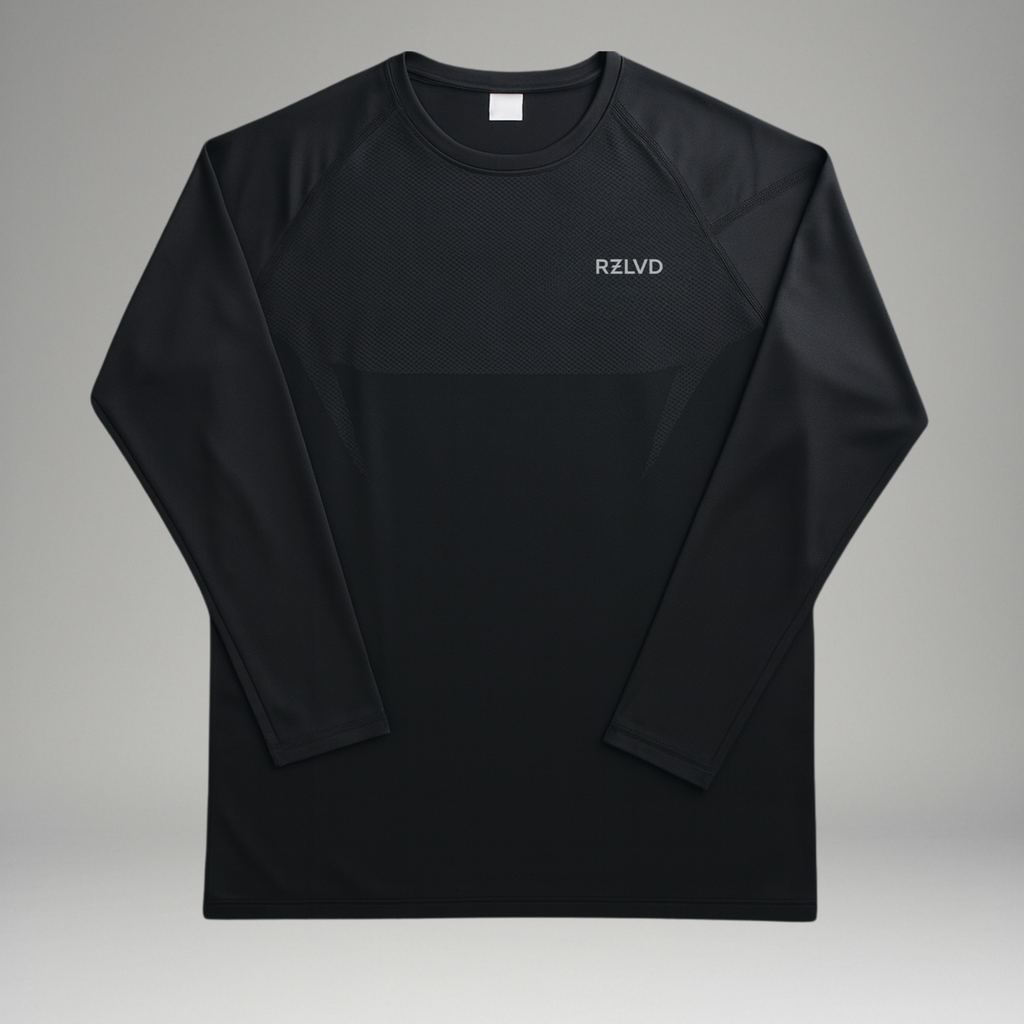 Black long-sleeve shirt with 'RZLVD' logo on a gray background
