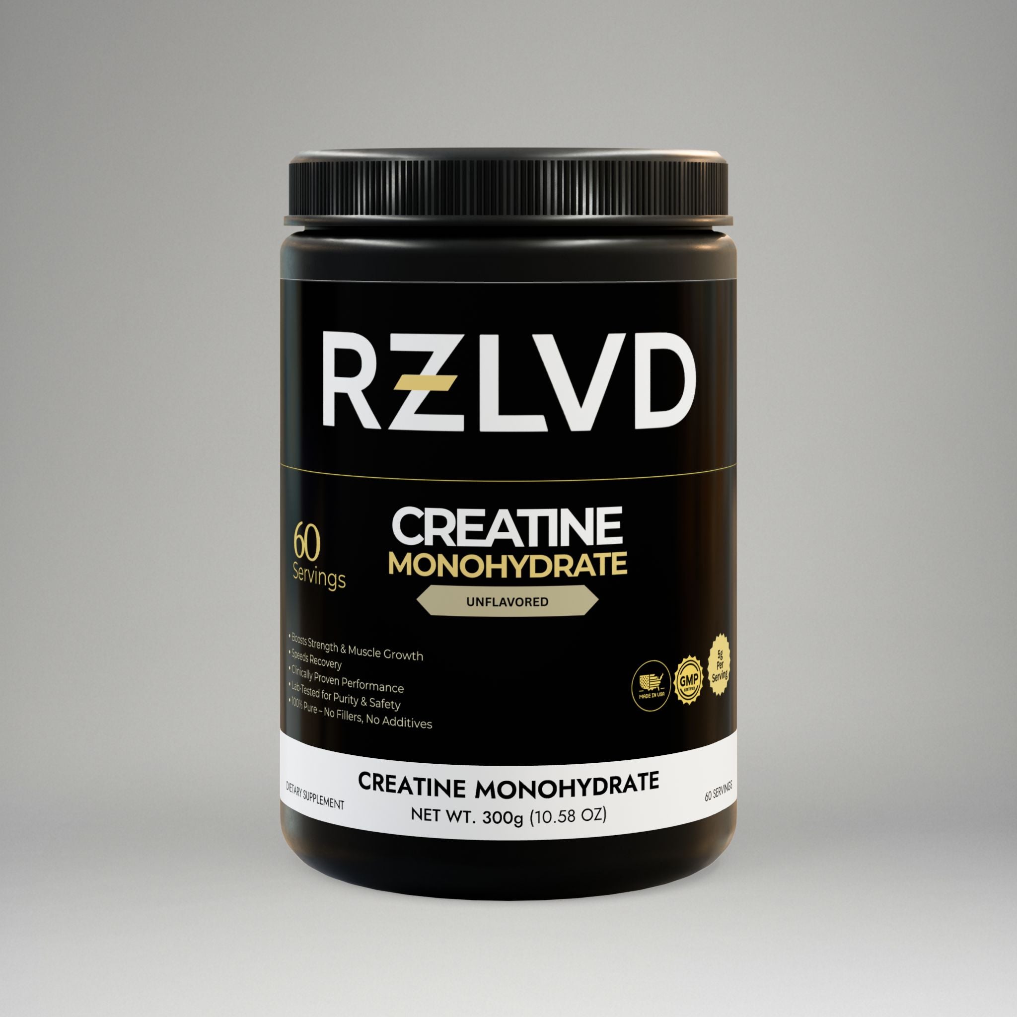 RZLVD Creatine Monohydrate supplement container on a gray background