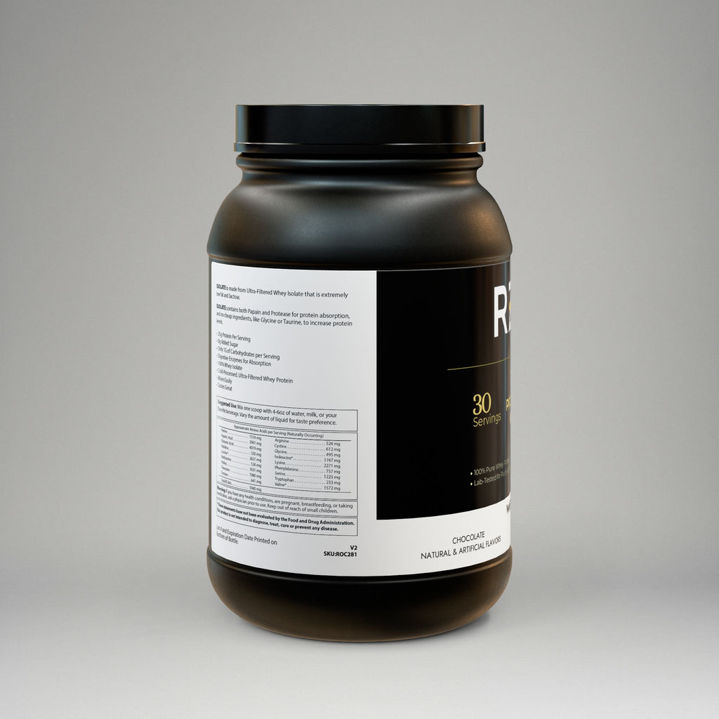 Black protein powder container with label on a gray background