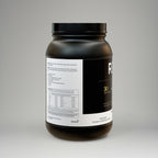 Black protein powder container with label on a gray background