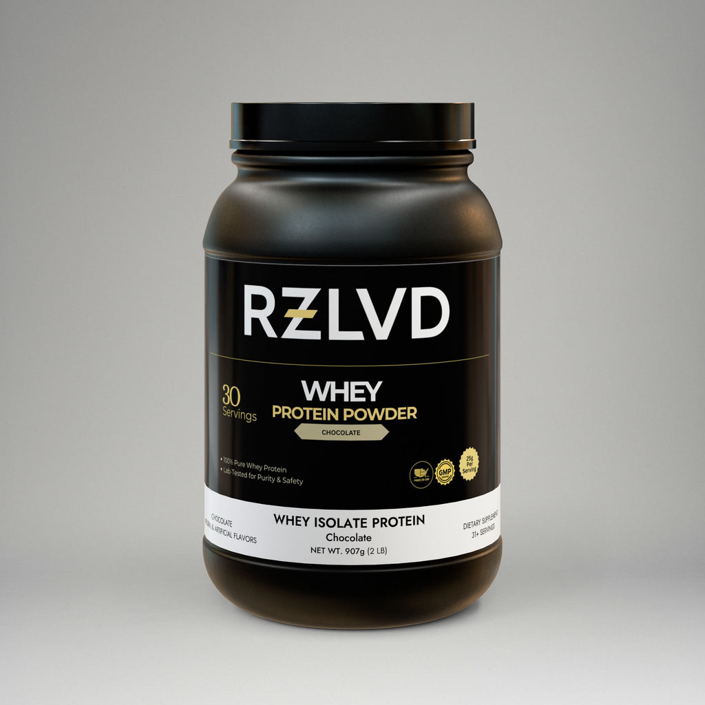 Black protein powder container with RZLVD branding on a gray background