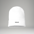 White beanie with 'RZLVD' branding on a gray background