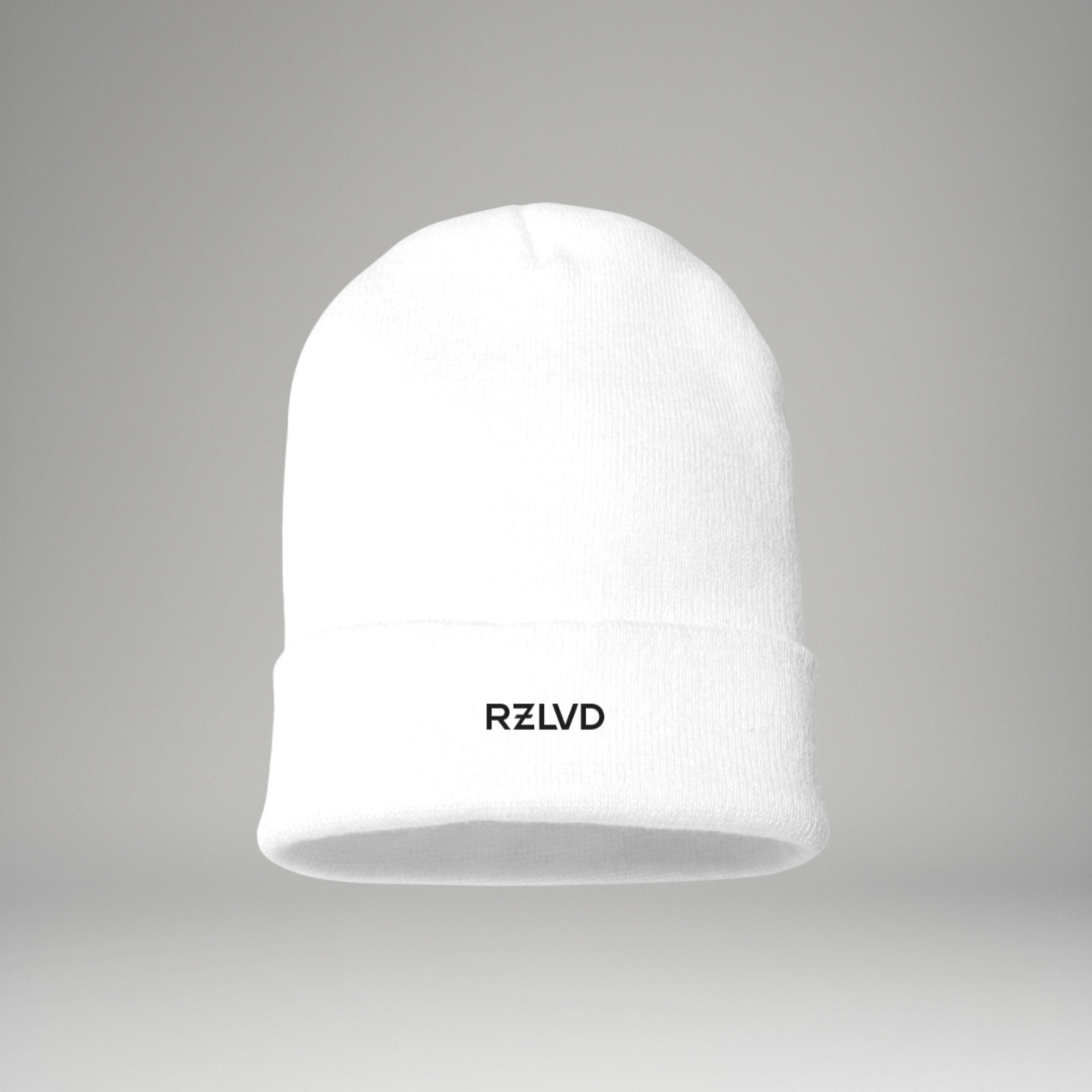 White beanie with 'RZLVD' branding on a gray background