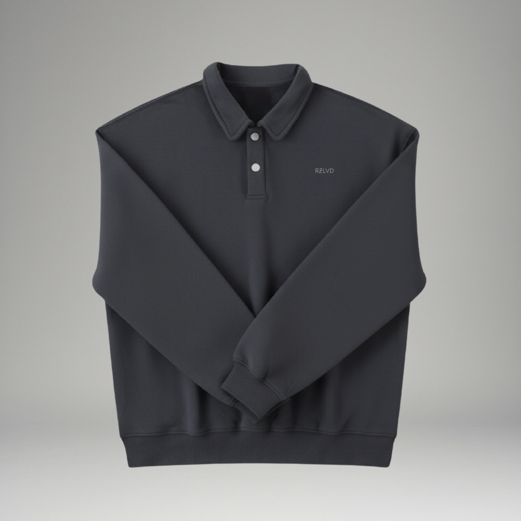 Dark gray sweatshirt with a collar on a light gray background