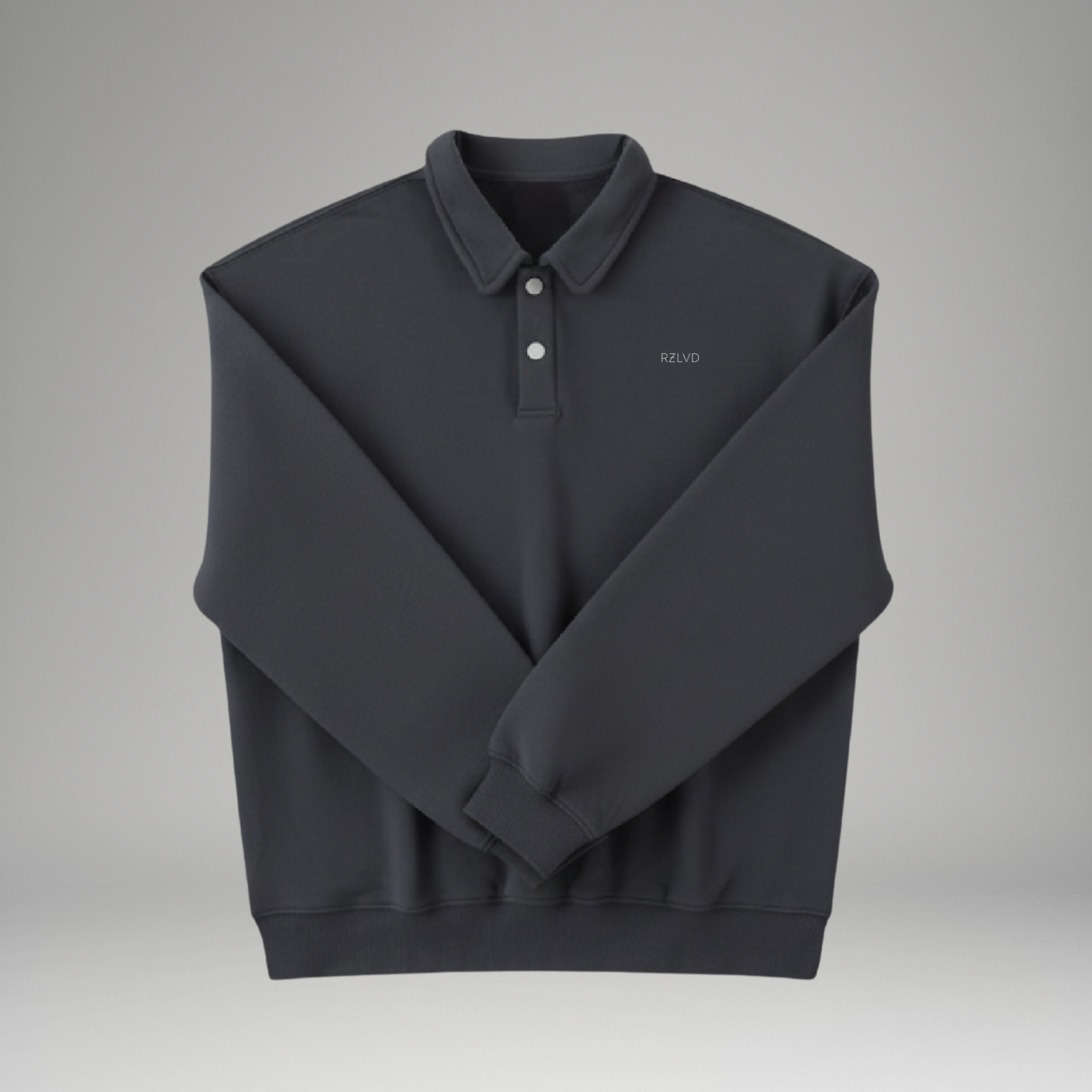 Dark gray sweatshirt with a collar on a light gray background